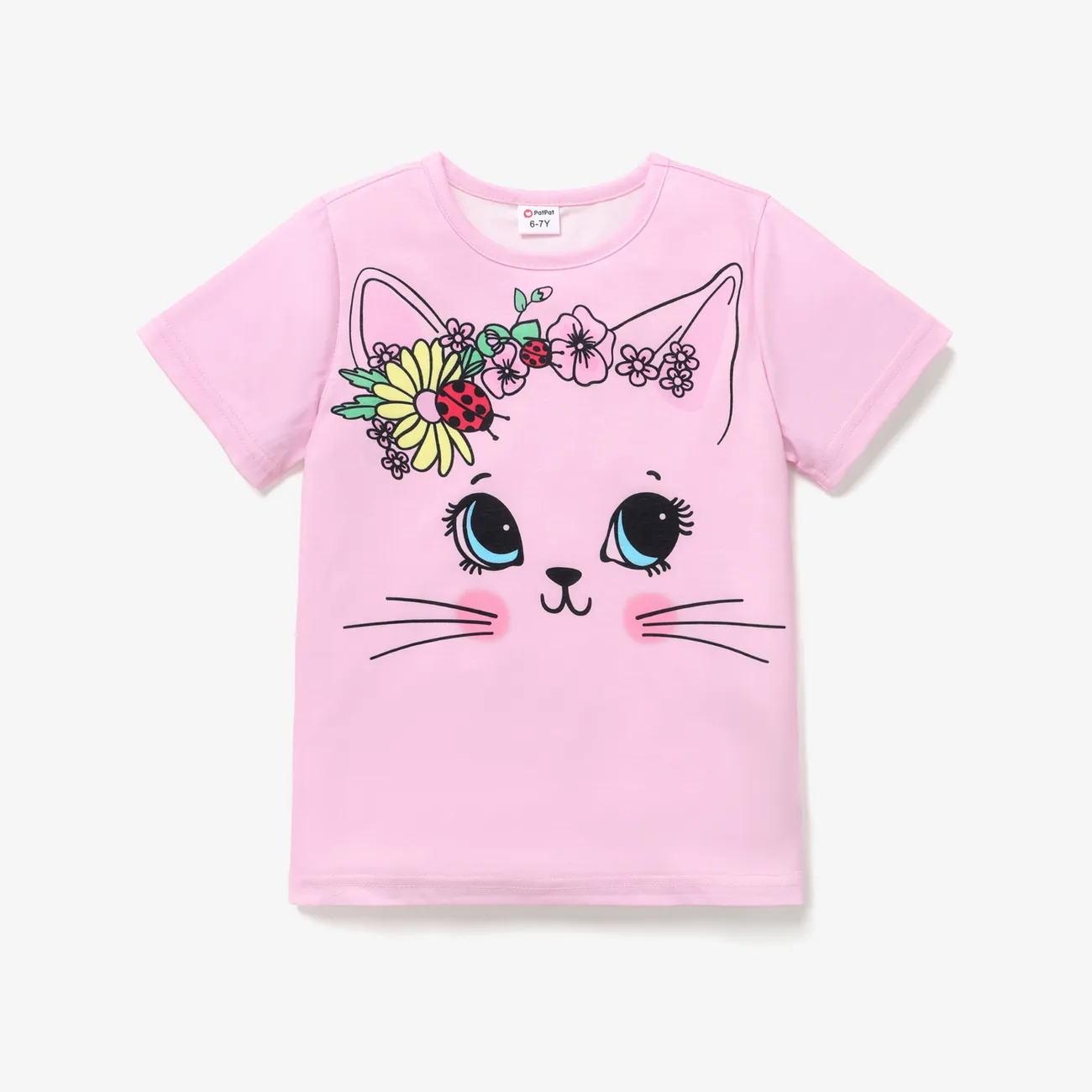 Kid Girl Animal Cat Floral Print Short-sleeve Tee big image 1