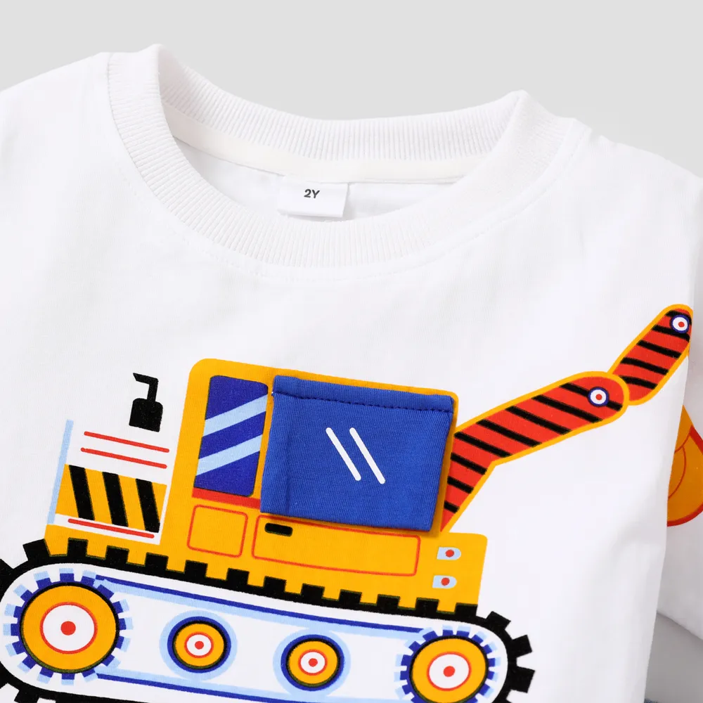 2pcs Toddler Boy Playful Denim Pocket Design Shorts and Vehicle Print Tee set  big image 2