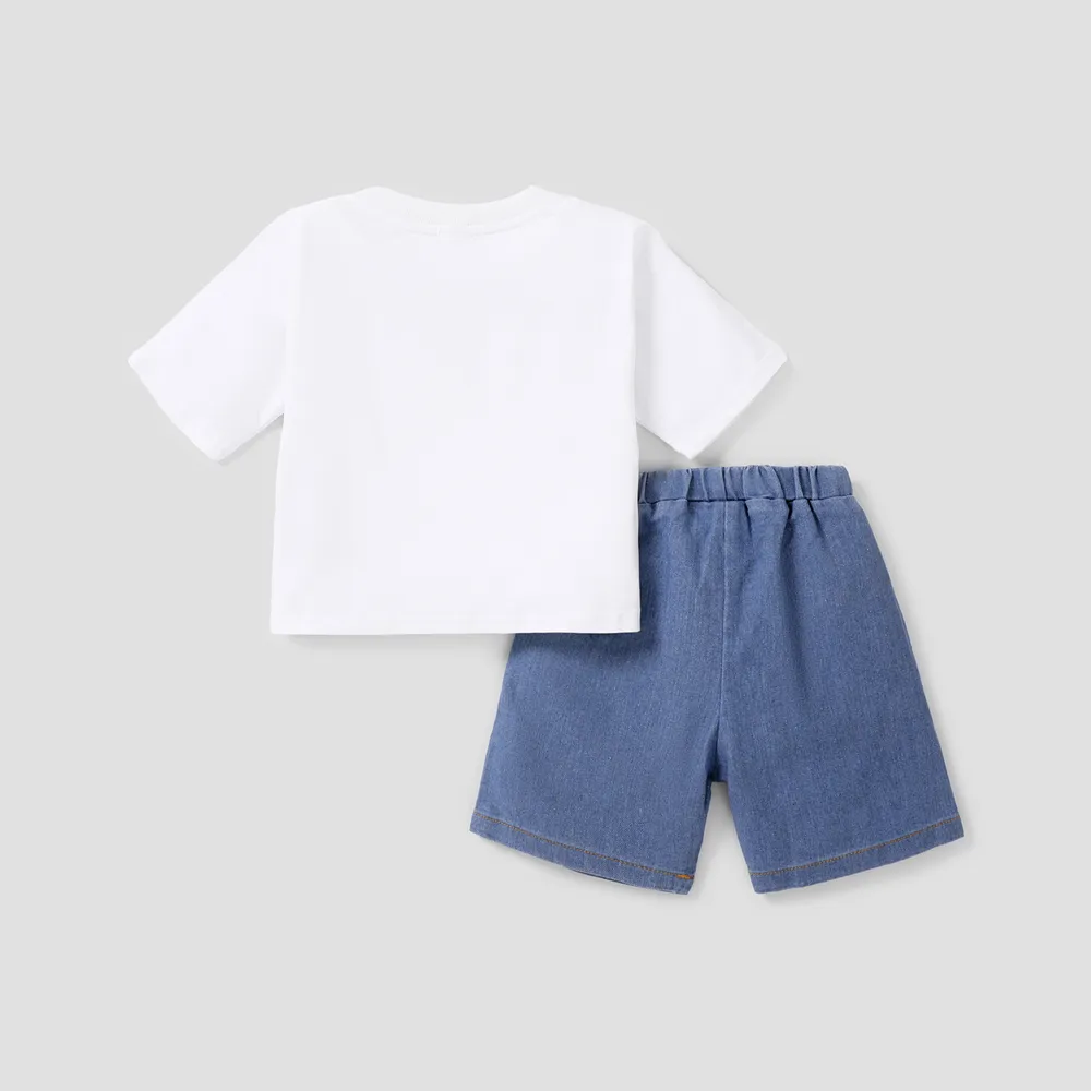 2pcs Toddler Boy Playful Denim Pocket Design Shorts and Vehicle Print Tee set  big image 5