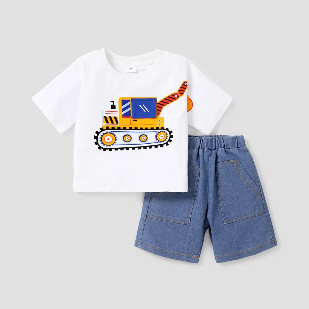 2pcs Toddler Boy Playful Denim Pocket Design Shorts and Vehicle Print Tee set big image 1