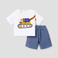 2pcs Toddler Boy Playful Denim Pocket Design Shorts and Vehicle Print Tee set  image 1