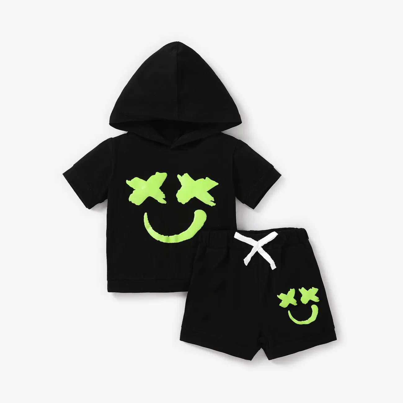 2pcs Baby Boy/Girl 95% Cotton Glow in the Dark Graphic Hooded Short-sleeve Tee & Shorts Set Black big image 1