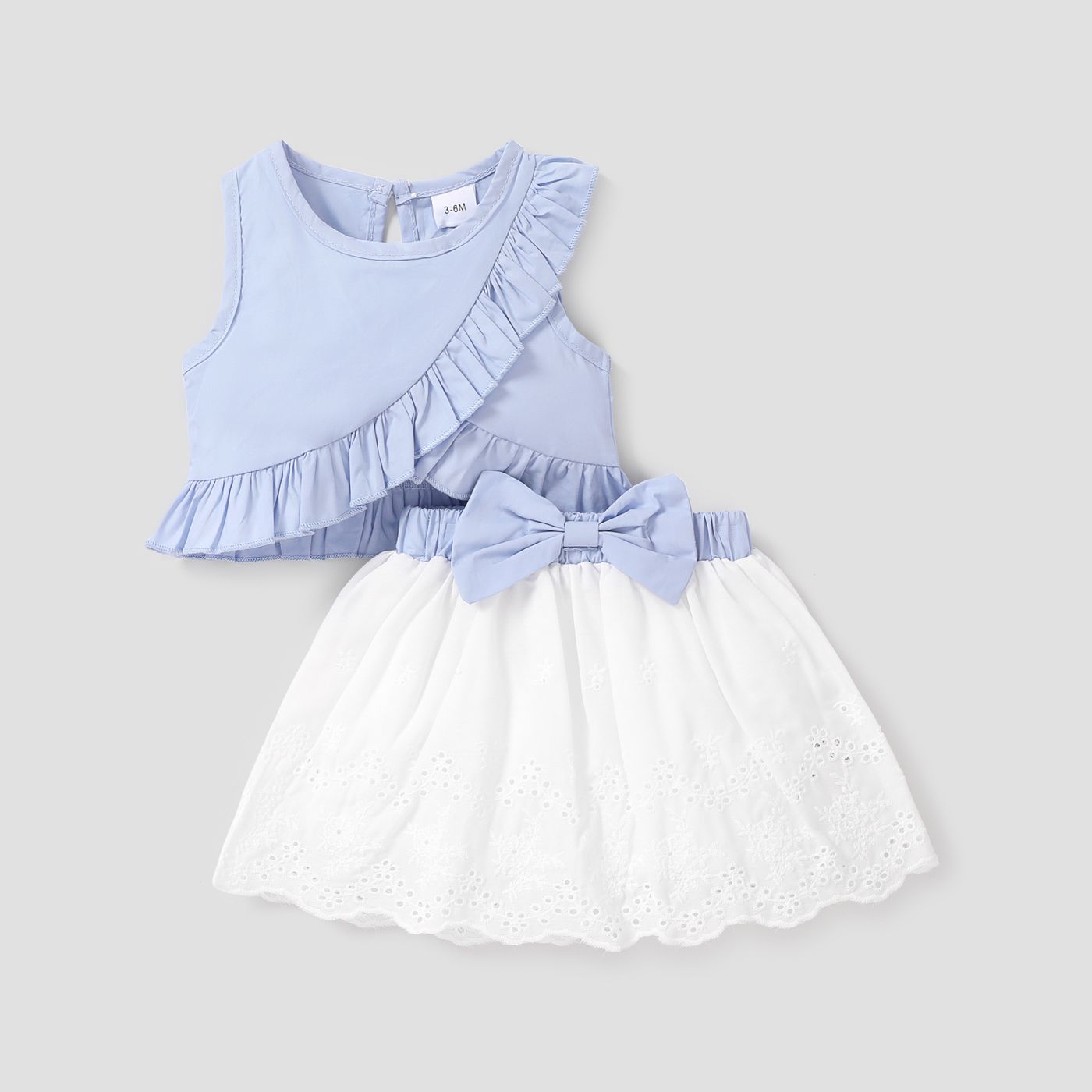 2pcs Baby Girl 100% Cotton Ruffled Wrap Tank Top And Bow Front Schiffy Skirt Set