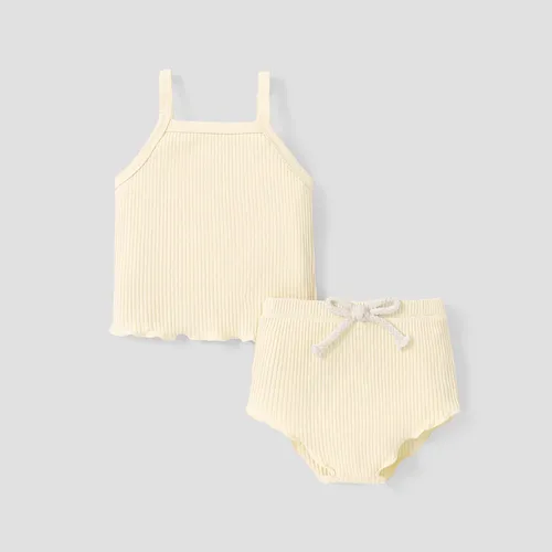 2pcs Baby Girl Plain Ribbed Cotton Camisole and Shorts Set