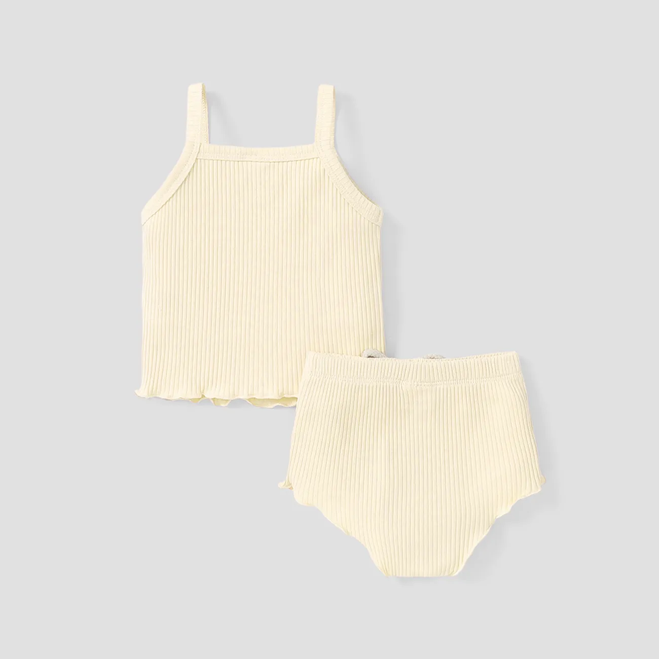 2pcs Baby Girl Plain Ribbed Cotton Camisole and Shorts Set Creamcolored big image 1