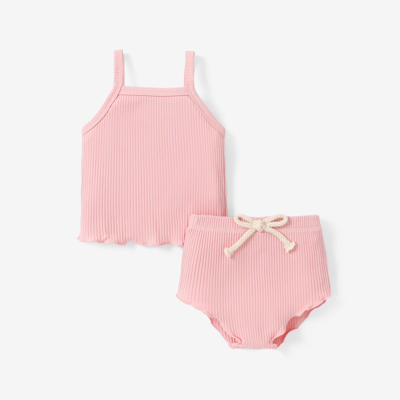 2pcs Baby Girl Plain Ribbed Cotton Camisole And Shorts Set