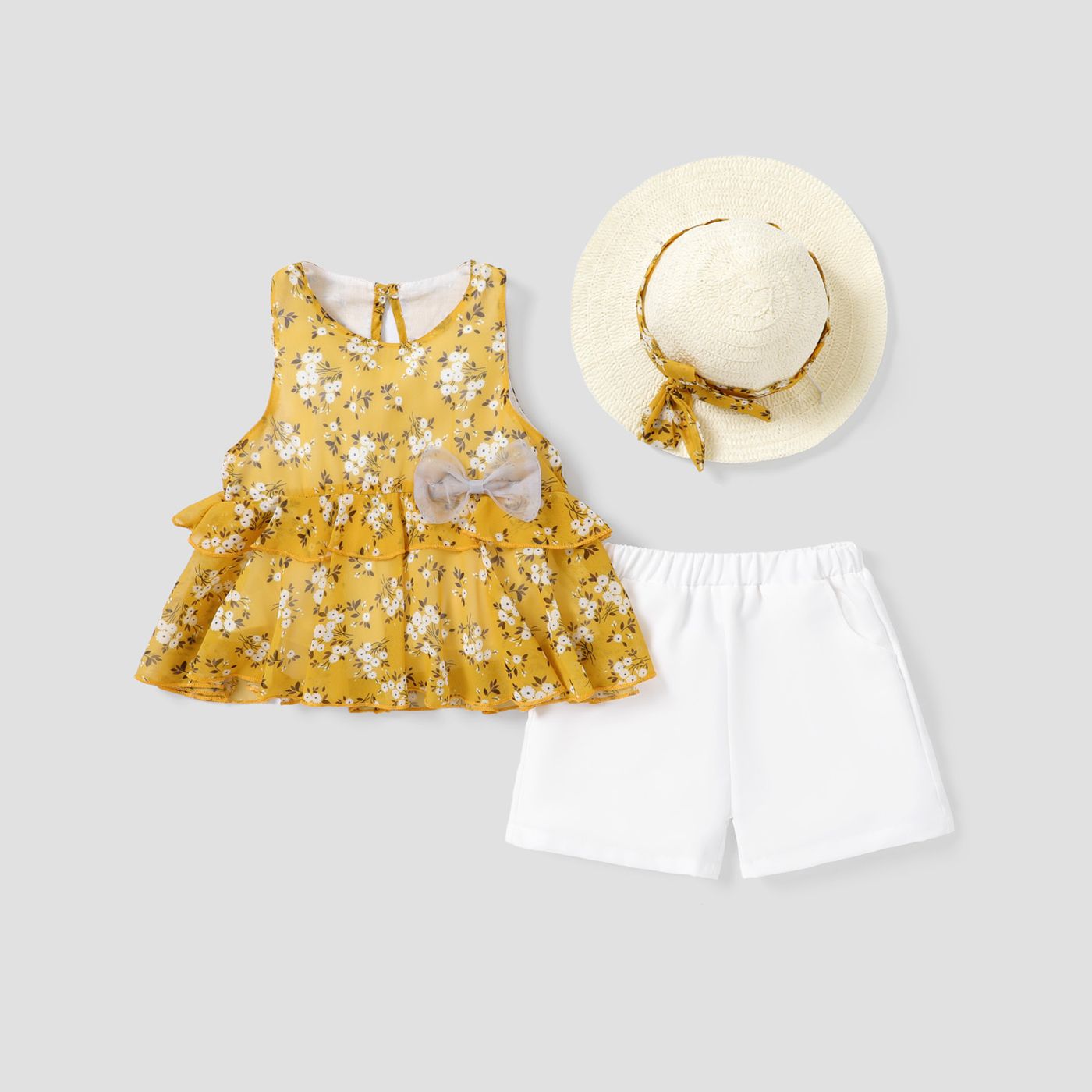 3pcs Toddler Girl Bow Decor Straw Hat & Floral Print Tank Top & White Shorts Set