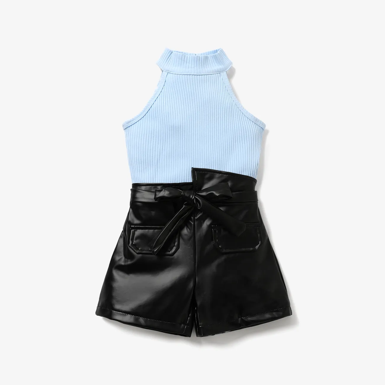 2pcs Toddler Girl Trendy Ribbed Tank Top and Belted PU Shorts Set big image 1