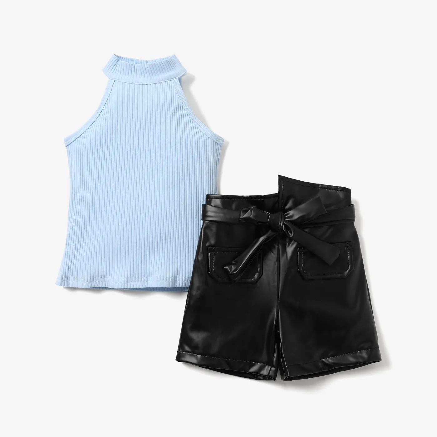 2pcs Toddler Girl Trendy Ribbed Tank Top and Belted PU Shorts Set  image 3