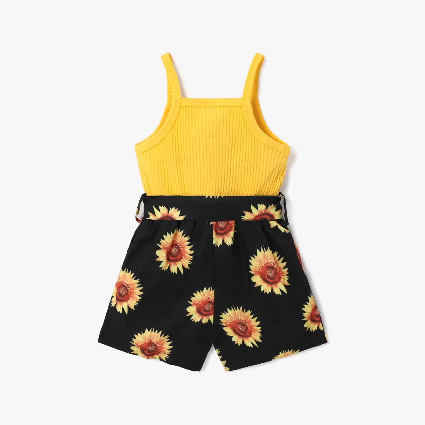 Baby Girl Sunflower Print & Ribbed Spliced Spaghetti Strap Romper Shorts Yellow image 2