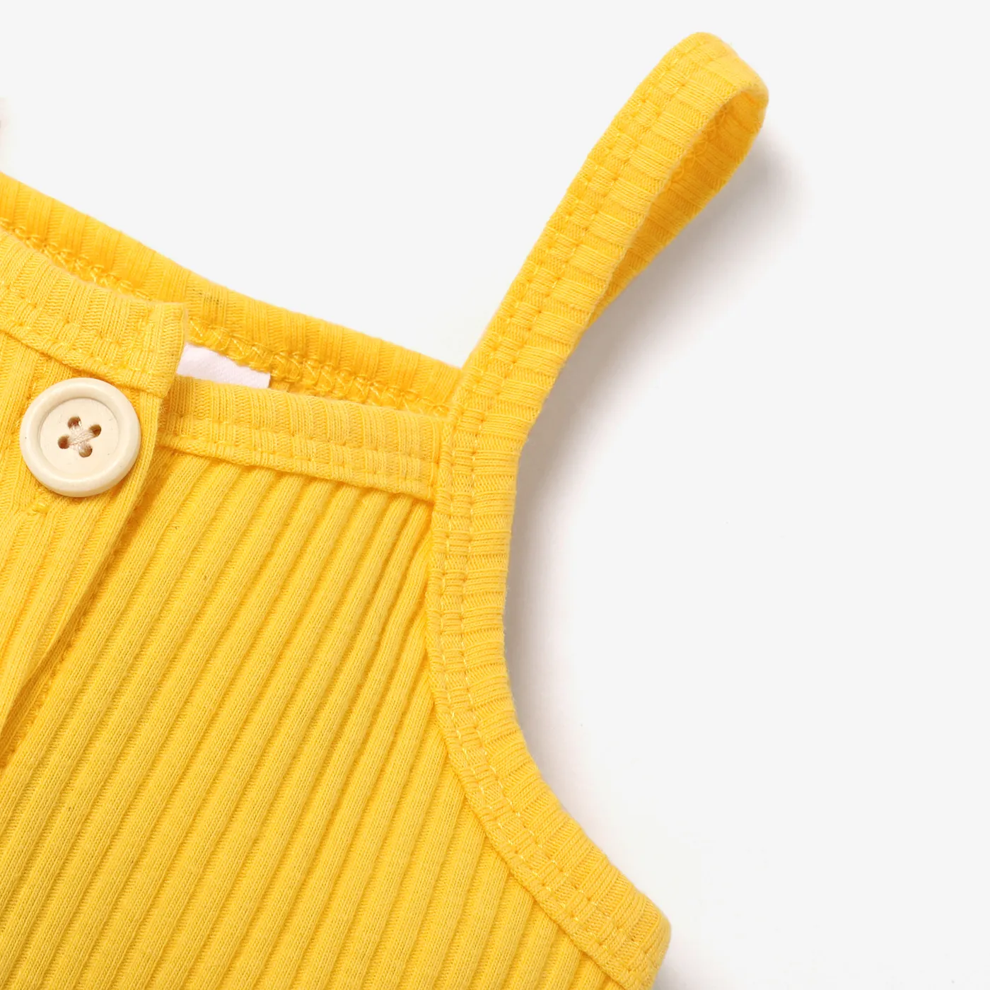 Baby Girl Sunflower Print & Ribbed Spliced Spaghetti Strap Romper Shorts Yellow image 3