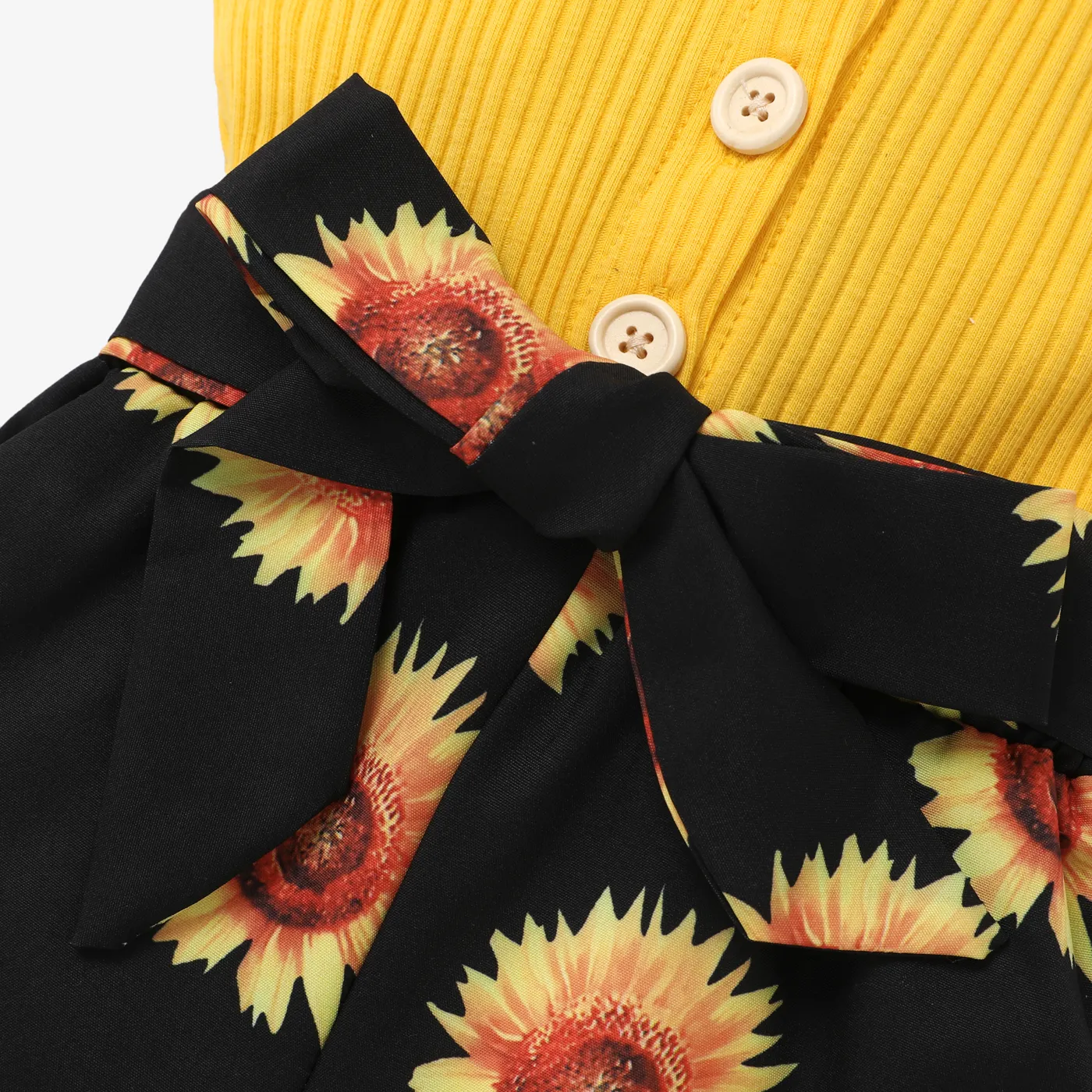 Baby Girl Sunflower Print & Ribbed Spliced Spaghetti Strap Romper Shorts Yellow image 5