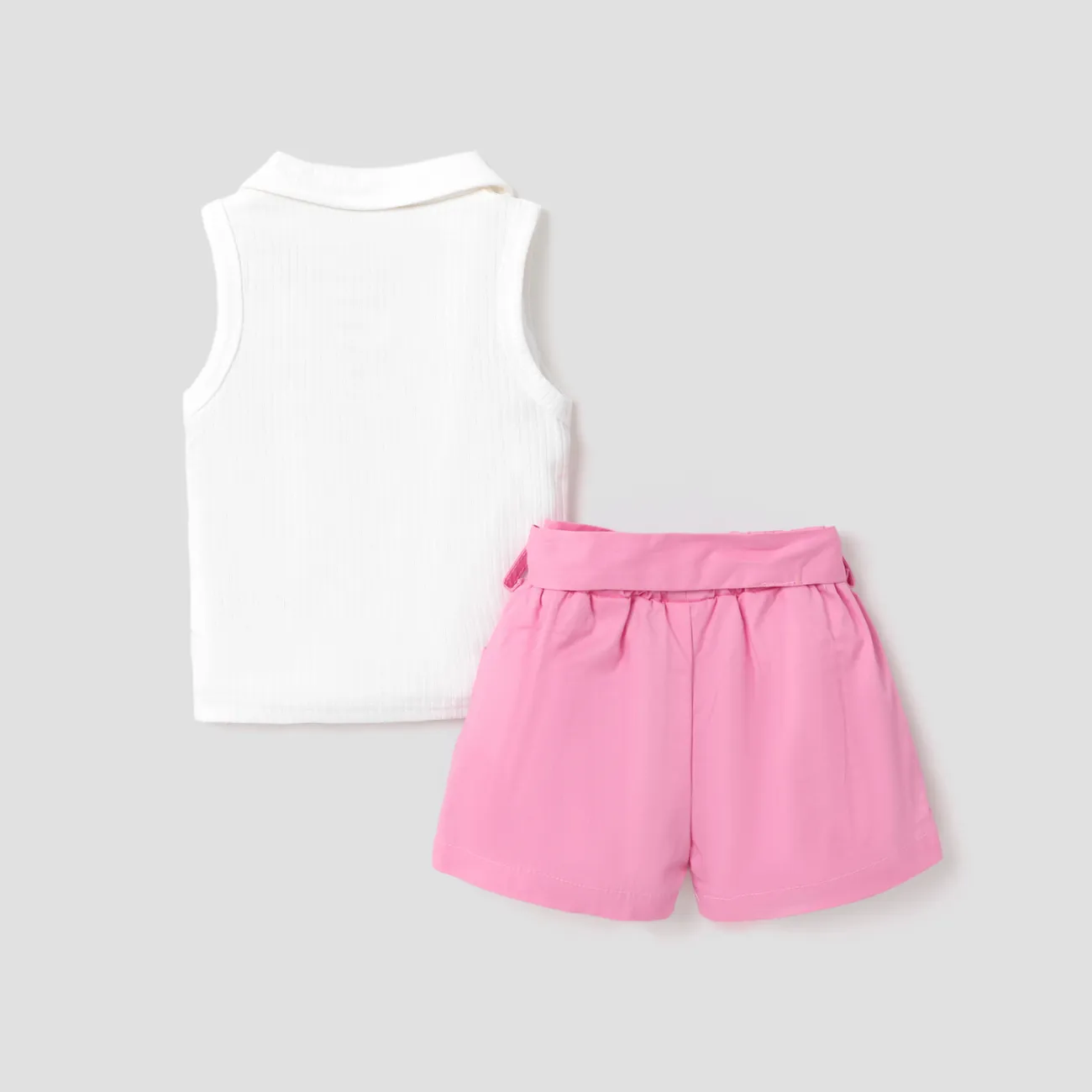 2pcs Baby Girl 100% Cotton Belted Shorts and Ribbed Notched Polo Neck Tank Top Set White big image 1