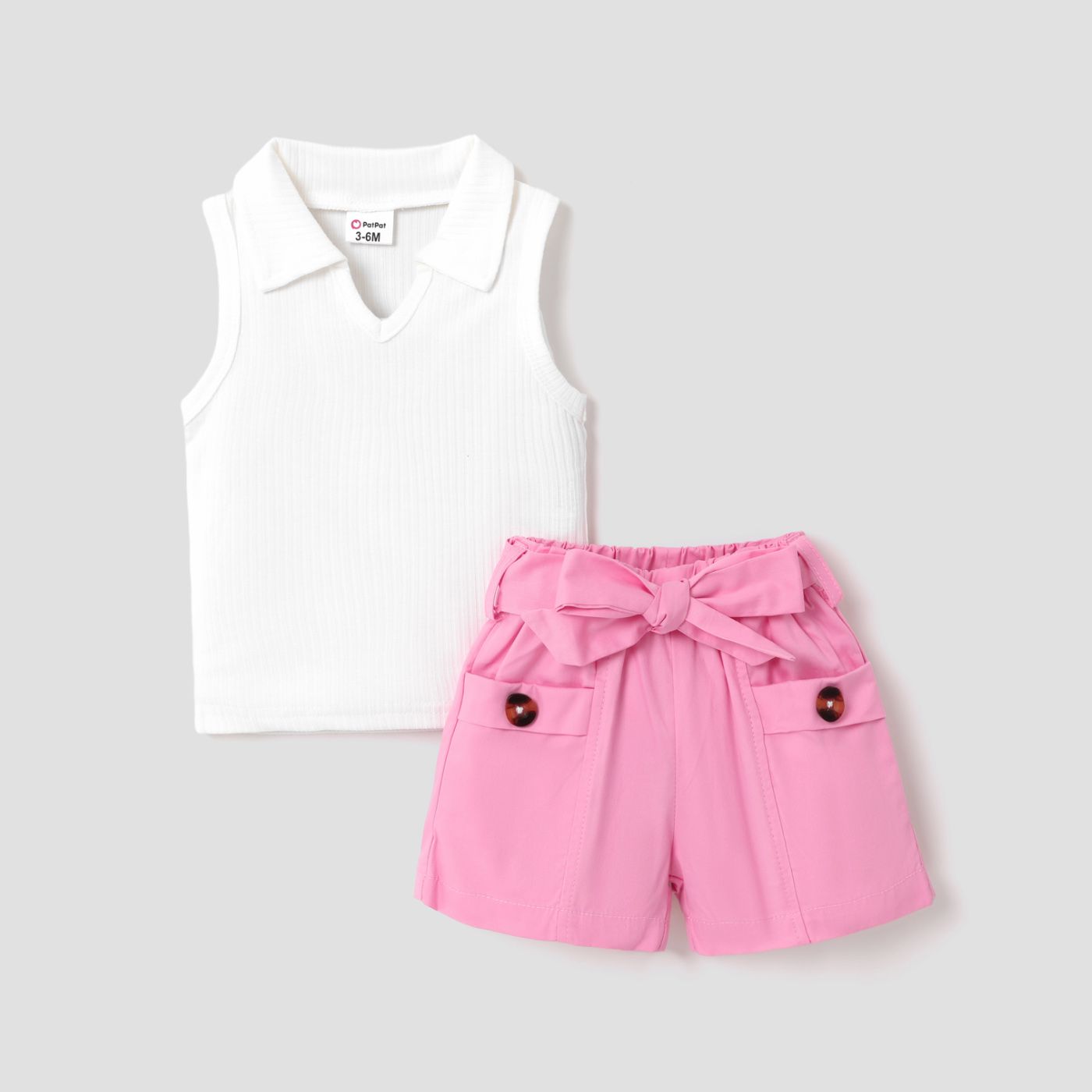2pcs Baby Girl 100% Cotton Belted Shorts And Ribbed Notched Polo Neck Tank Top Set