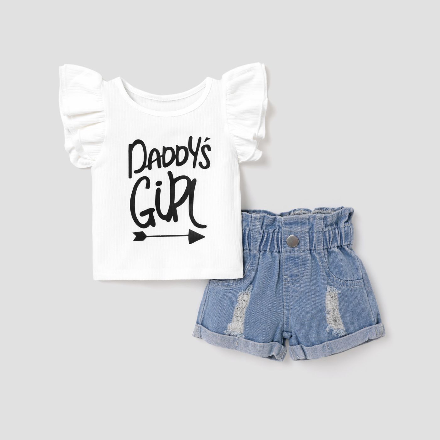 2pcs Baby Girl Letter Print Flutter-sleeve Top And Ripped Denim Shorts Set