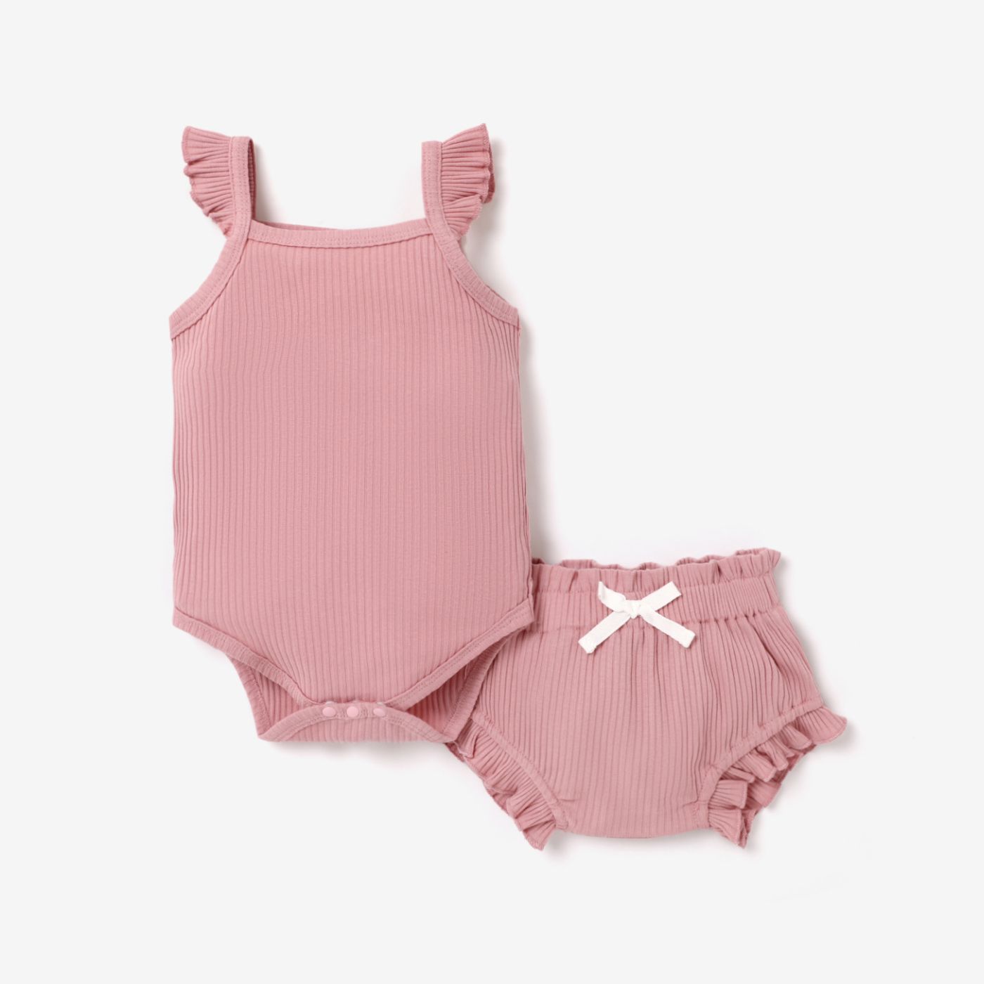 2pcs Baby Girl 95% Cotton Ribbed Flutter-sleeve Romper and Ruffle Shorts Set