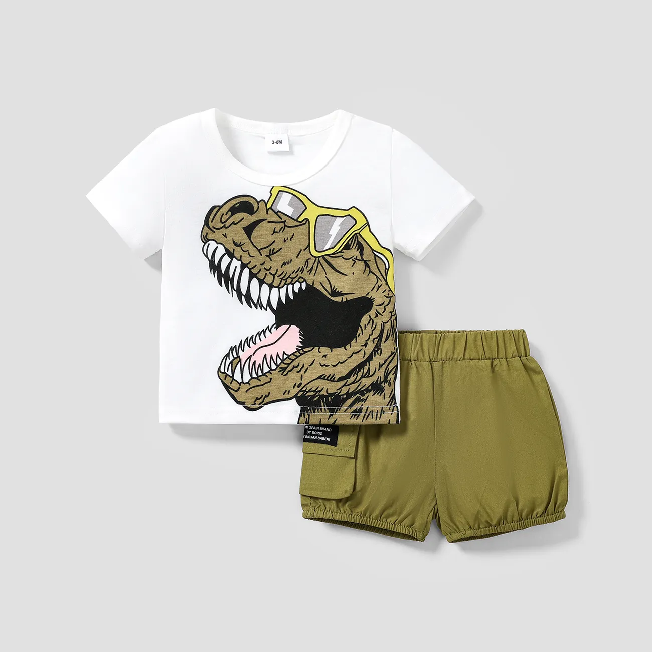 2pcs Baby Boy Glasses Dinosaur Print Short-sleeve Tee and Cargo Shorts Set Dark Green big image 1