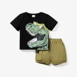 2pcs Baby Boy Glasses Dinosaur Print Short-sleeve Tee and Cargo Shorts Set Black
