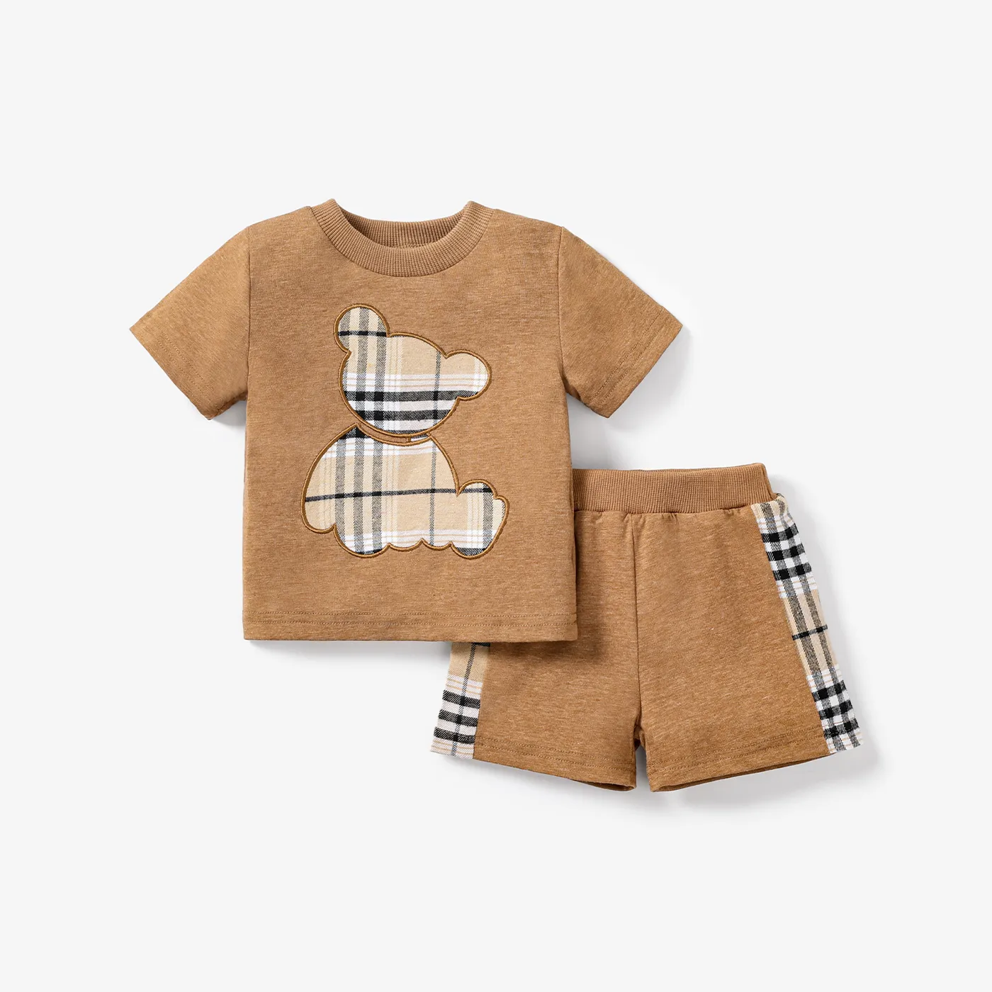 2pcs Baby Boy Plaid Bear Graphic Short-sleeve Tee & Shorts Set Brown