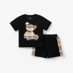 2pcs Baby Boy Plaid Bear Graphic Short-sleeve Tee & Shorts Set Black