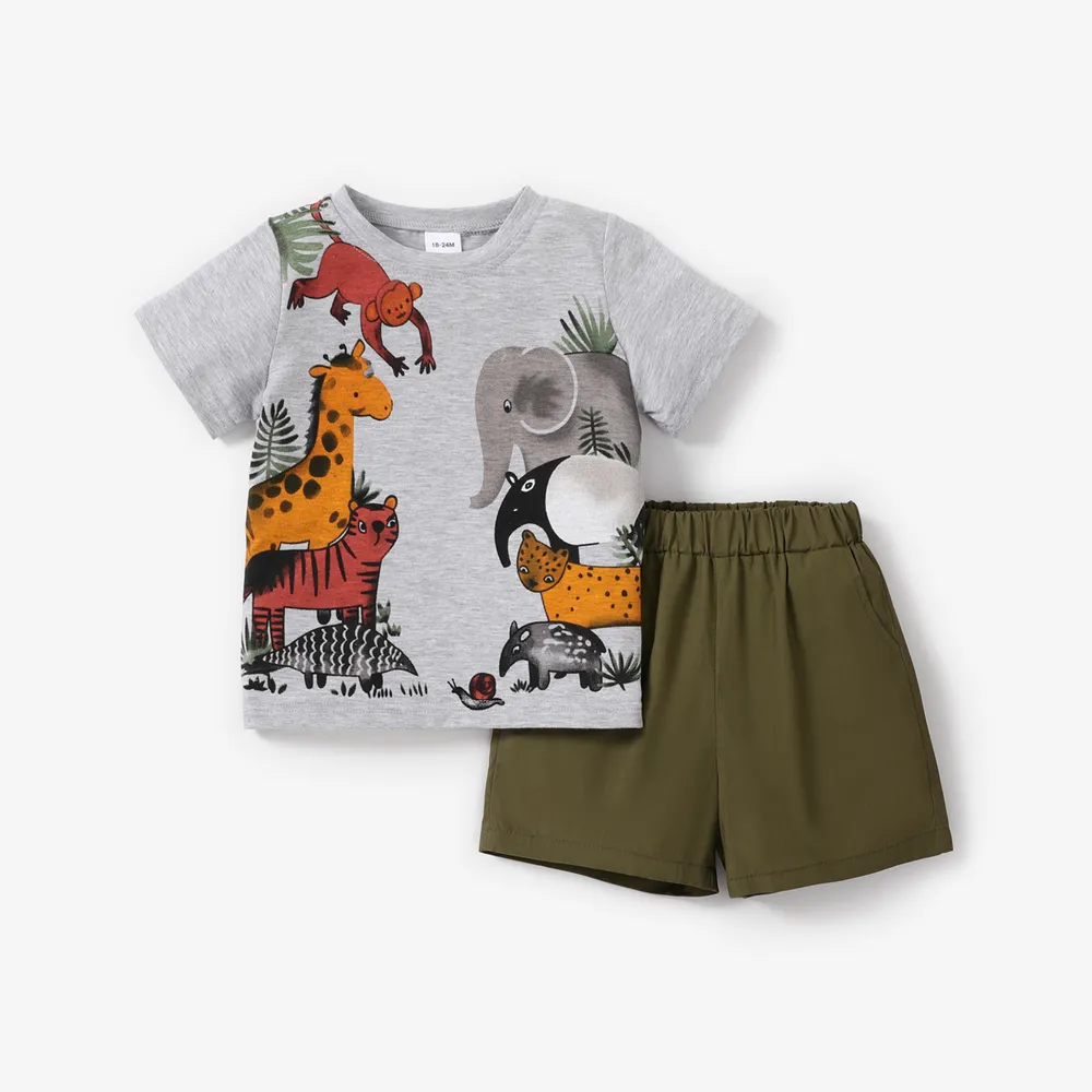 2pcs Toddler Boy Playful Animal Print Tee and Shorts Set  big image 1