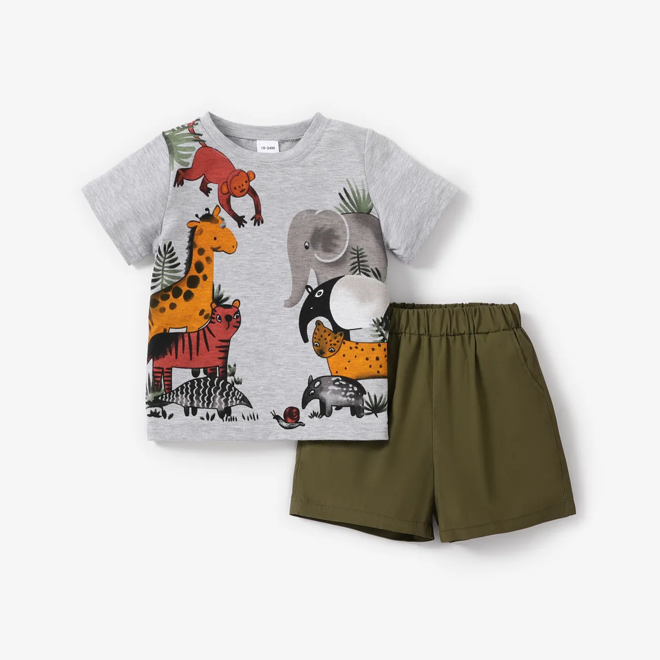 2pcs Toddler Boy Playful Animal Print Tee and Shorts Set Grey big image 1