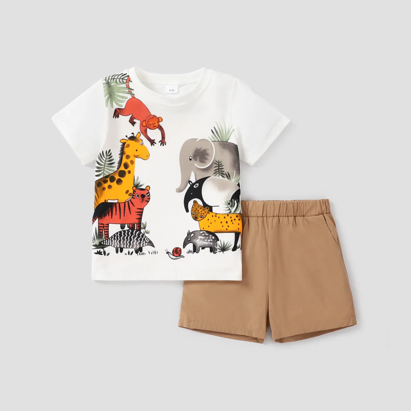 2pcs Toddler Boy Playful Animal Print Tee and Shorts Set White