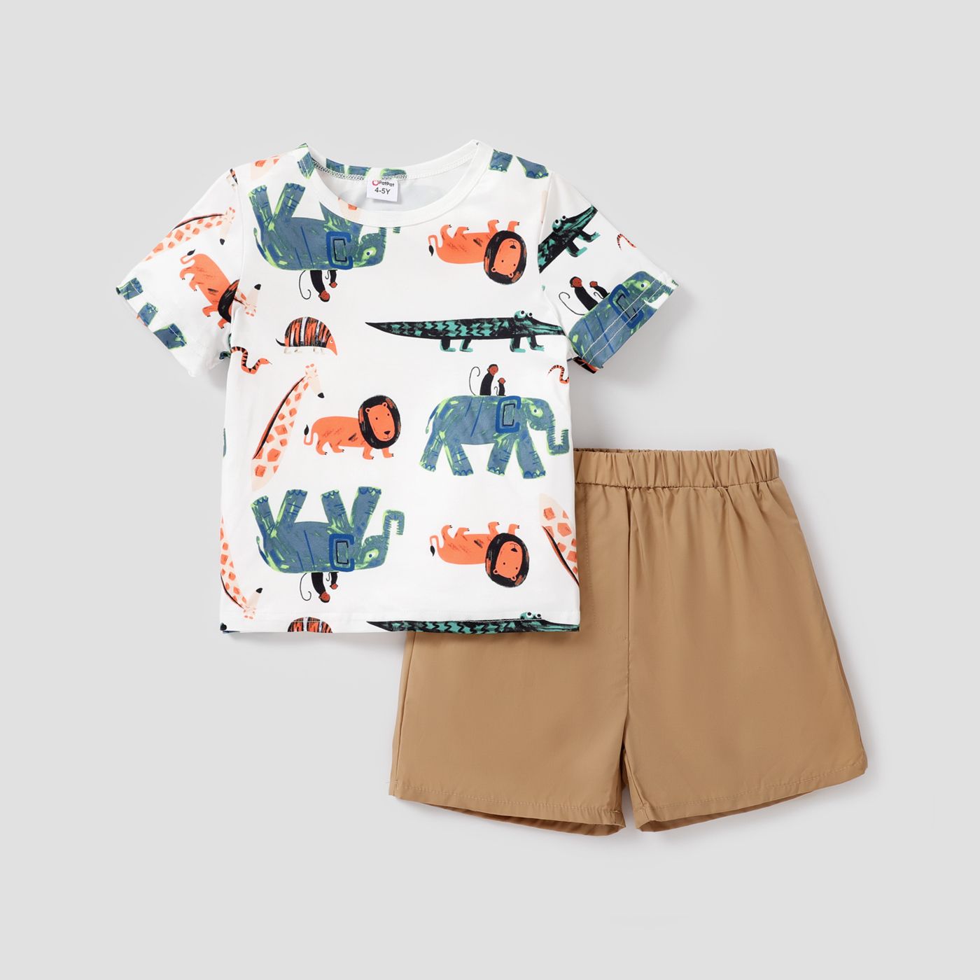 2-piece Toddler Boy Animal Print Short-sleeve Tee And Elasticized Khaki Shorts Set