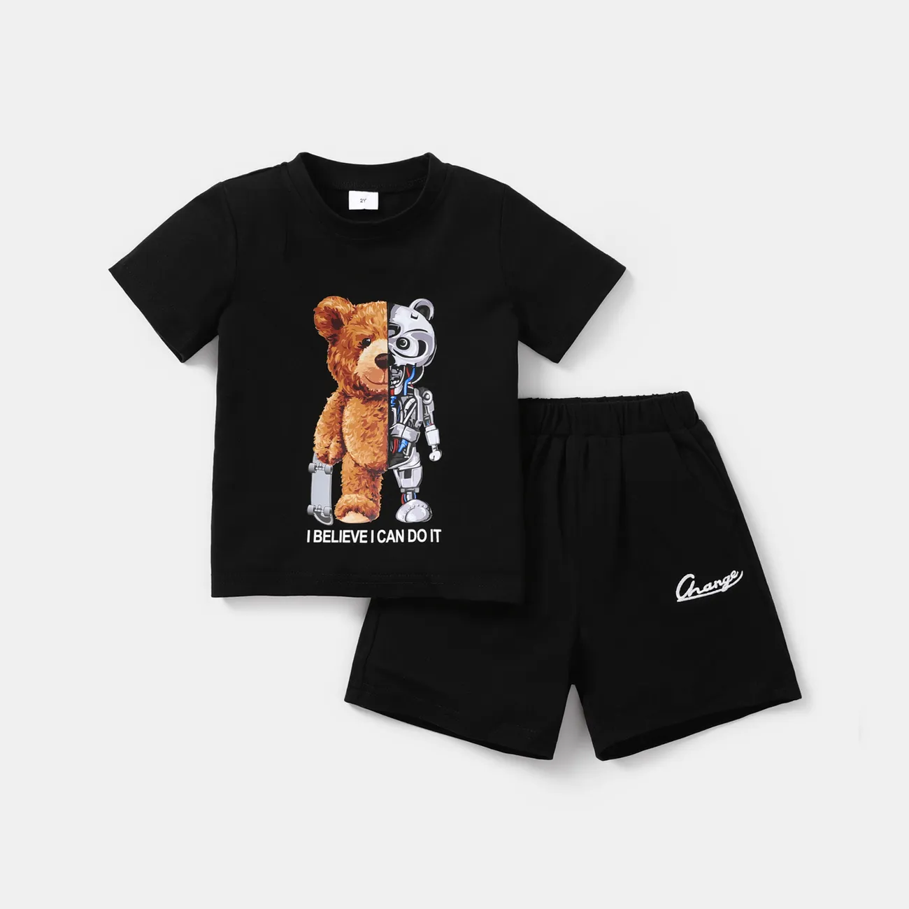 2pcs Toddler Boy Playful Bear Print Short-sleeve Tee and Shorts Set  big image 1