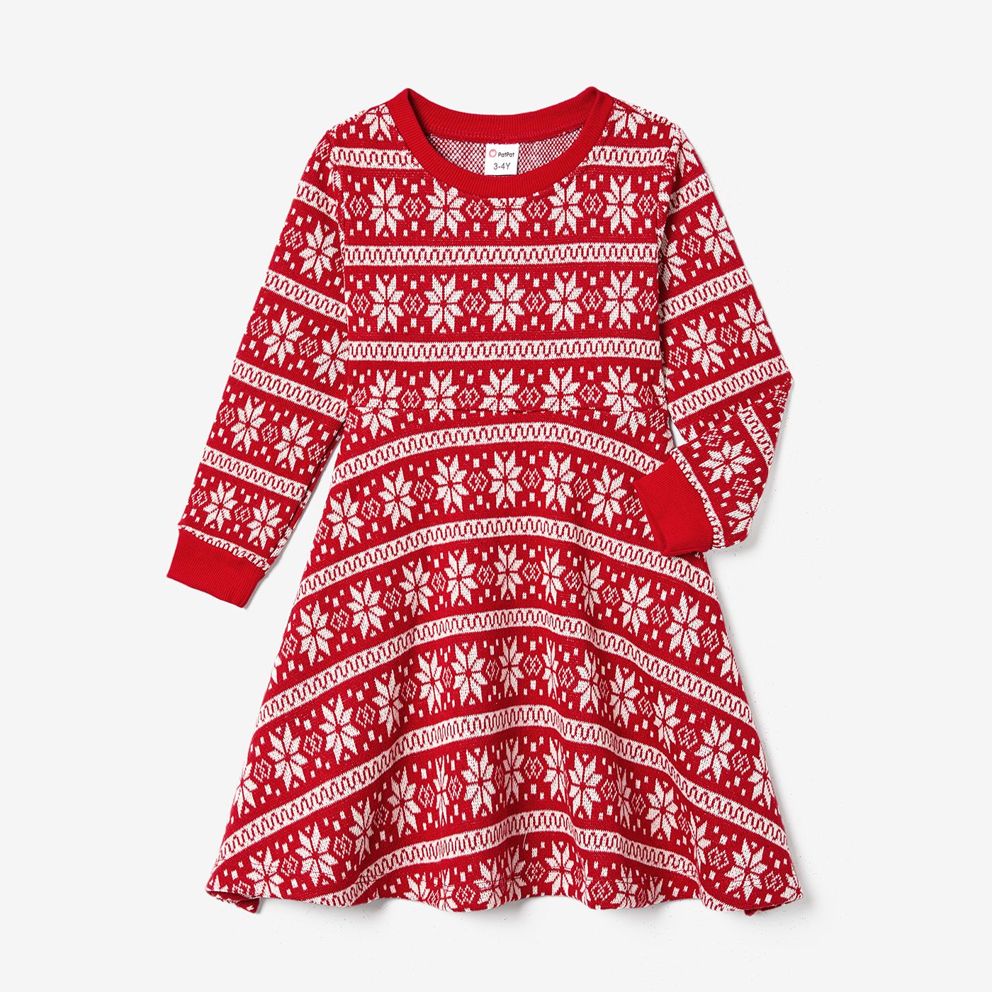 Christmas Family Matching Snowflake Print Cotton Long Sleeve Knit Tops And Dresses Sets