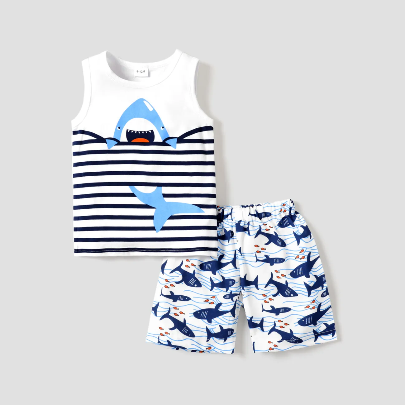 طفل / طفل صغير الكرتون دبابة طباعة القرش ومجموعة السراويل أبيض big image 1