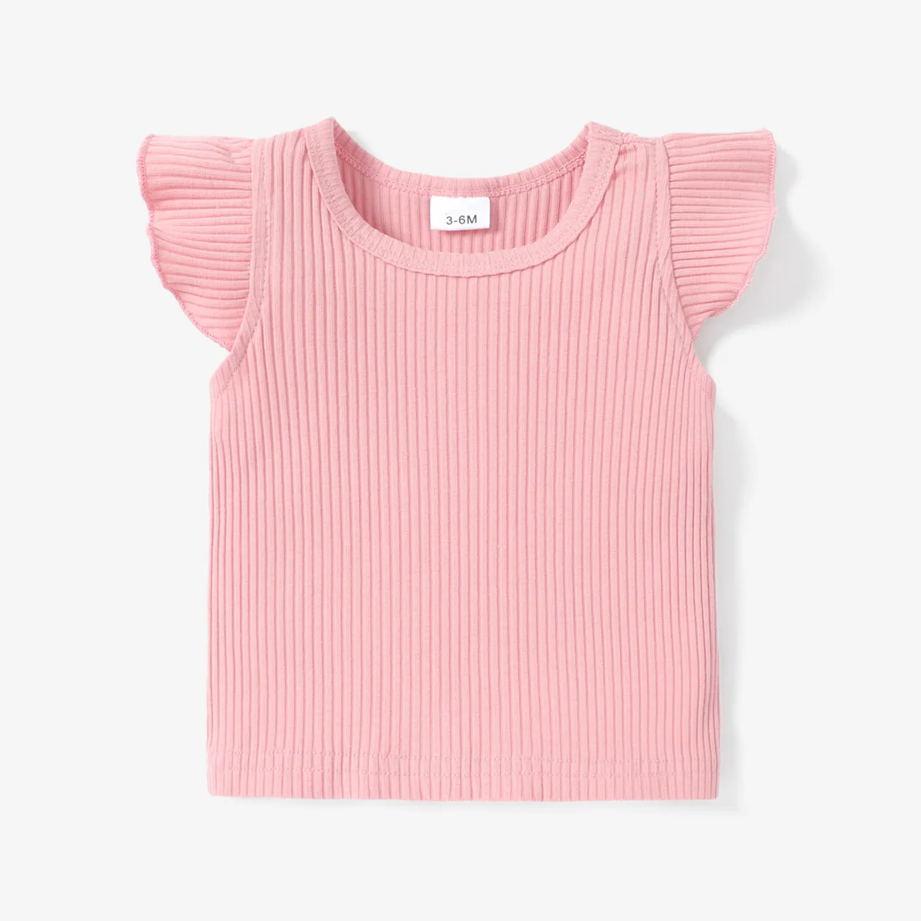 Baby Girl 100% Cotton Ribbed Solid Flutter-sleeve Tee Pink big image 1