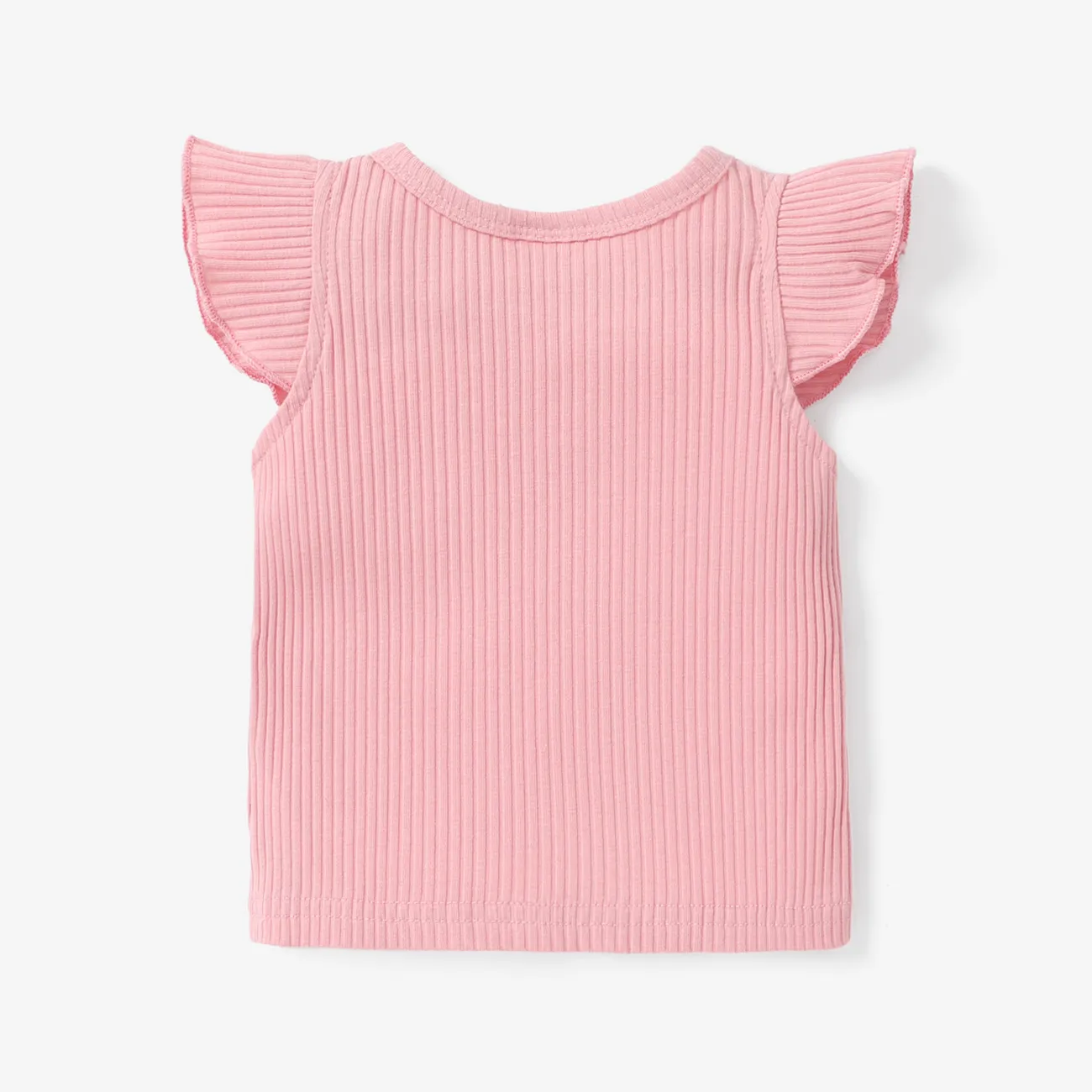 Baby Girl 100% Cotton Ribbed Solid Flutter-sleeve Tee Pink big image 1
