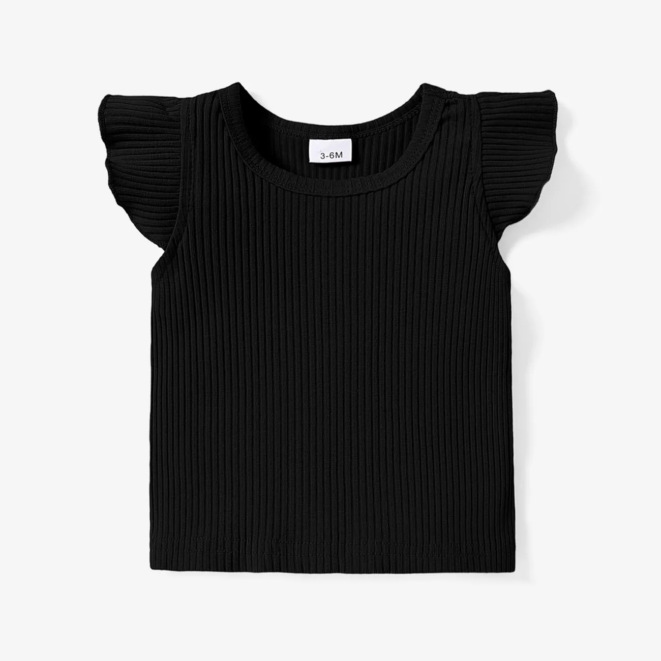 Baby Girl 100% Cotton Ribbed Solid Flutter-sleeve Tee Black big image 1