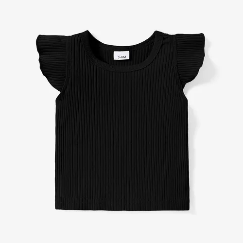 Baby Girl 100% Cotton Ribbed Solid Flutter-sleeve Tee