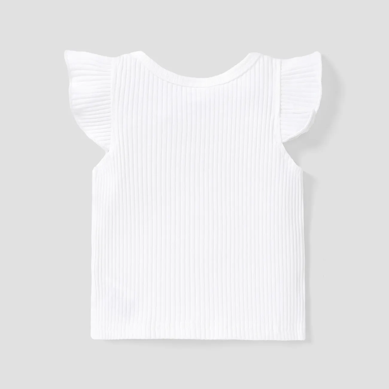 Baby Girl 100% Cotton Ribbed Solid Flutter-sleeve Tee White big image 1