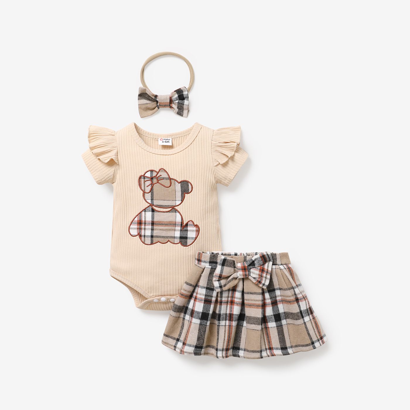 3pcs Baby Girl Cotton Ribbed Ruffle Short-sleeve Bear Embroidered Romper And Plaid Skirt & Headband Set