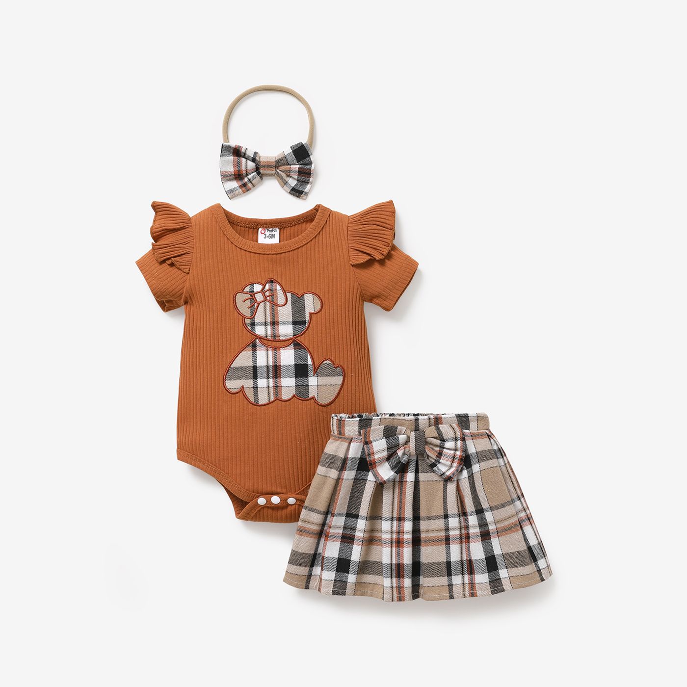 3pcs Baby Girl Cotton Ribbed Ruffle Short-sleeve Bear Embroidered Romper And Plaid Skirt & Headband Set