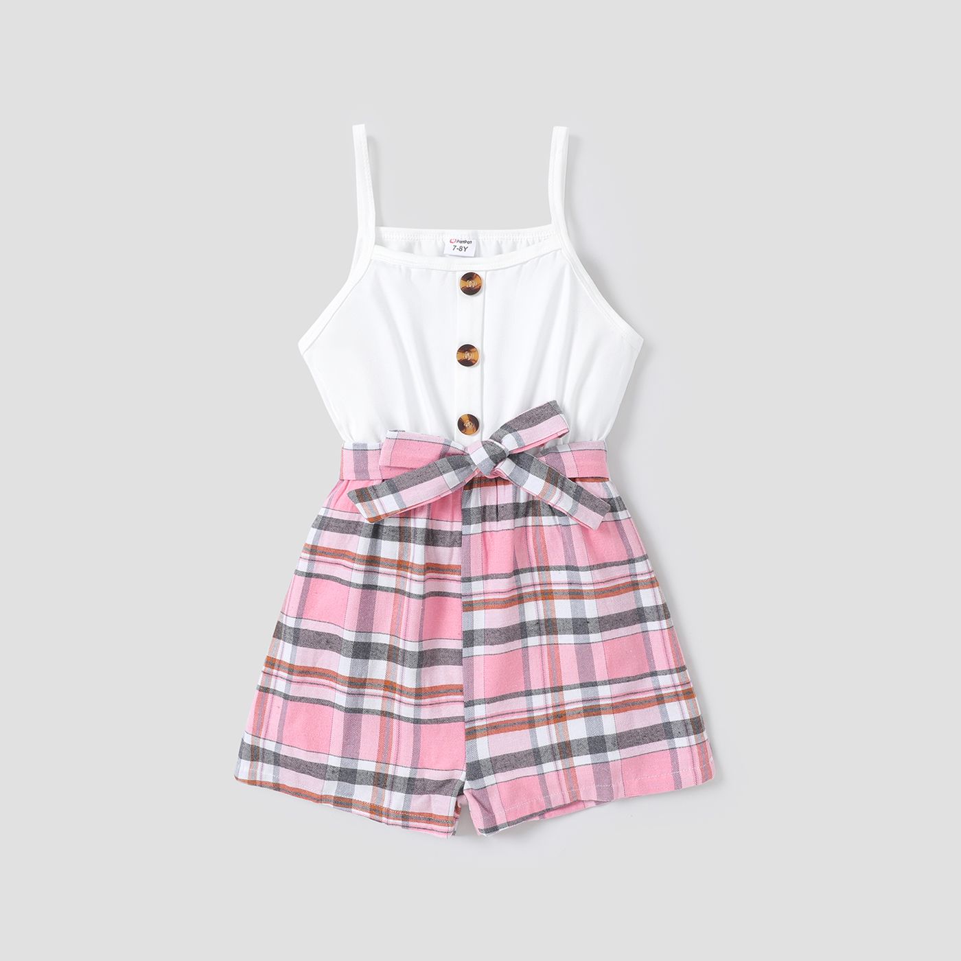

Kid Girl Button Design Plaid Splice Belted Slip Rompers