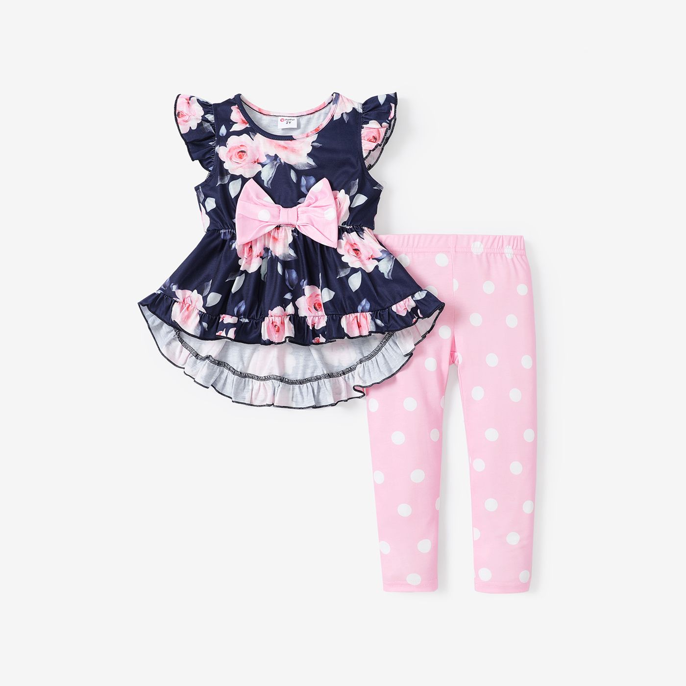 2pcs Toddler Girl Floral Rose Print Ruffle Hem Flutter-sleeve Top Et Polka Dots Print Leggings Pants Set