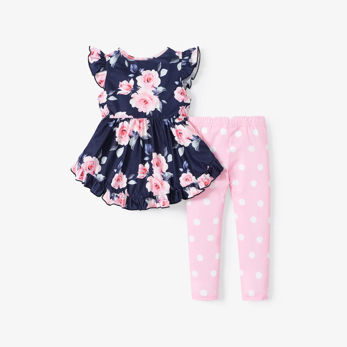 2pcs Toddler Girl Floral Rose Print Ruffle Hem Flutter-sleeve Top and Polka Dots Print Leggings Pants Set Deep Blue image 2