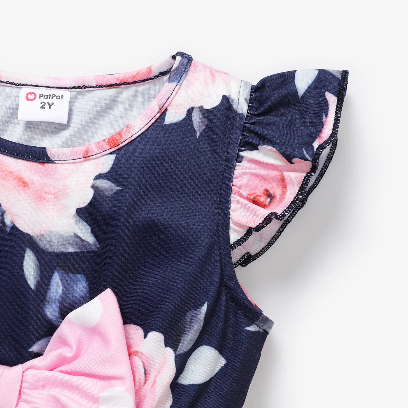 2pcs Toddler Girl Floral Rose Print Ruffle Hem Flutter-sleeve Top and Polka Dots Print Leggings Pants Set Deep Blue image 3