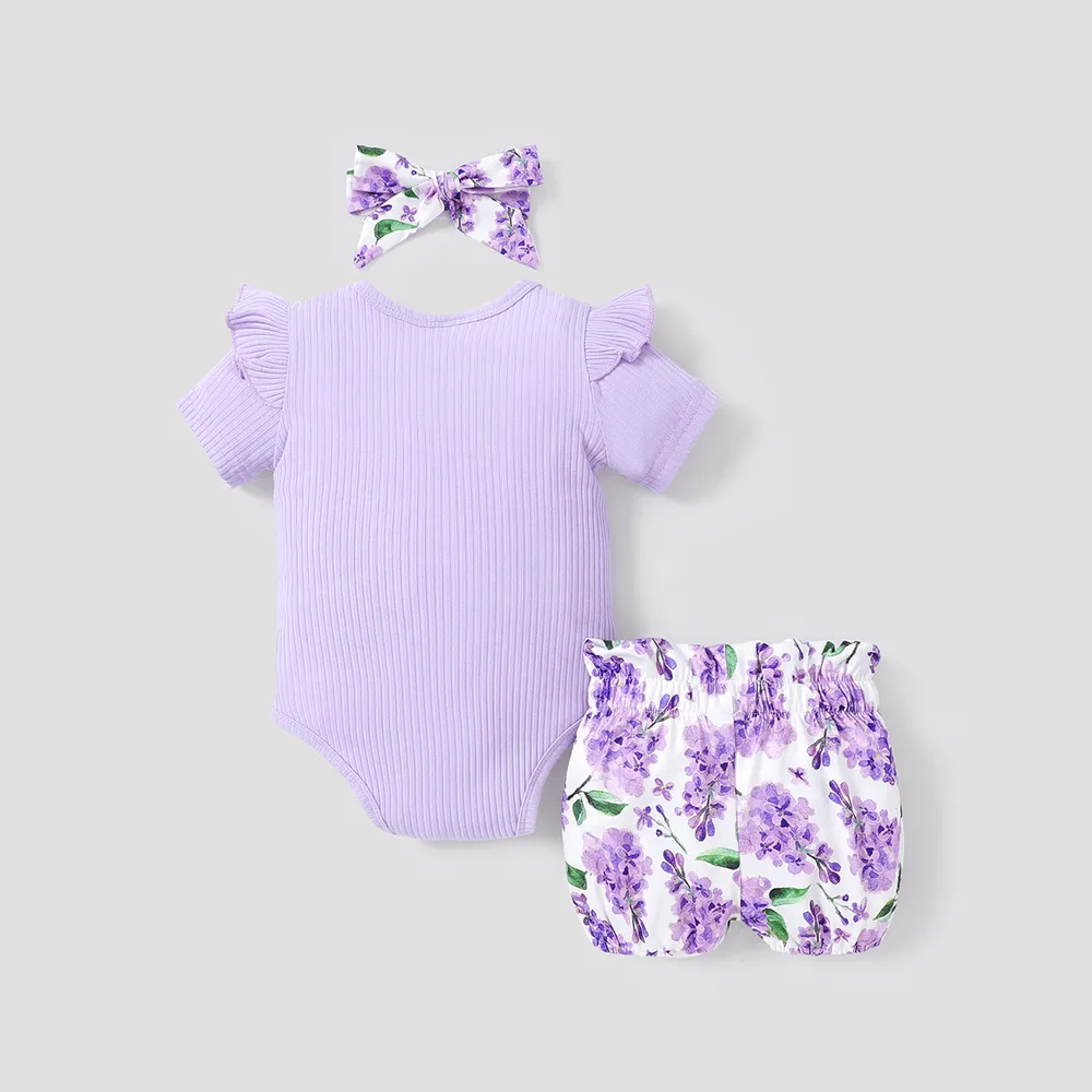 3pcs Baby Girl 95% Cotton Purple Ruffled Short-sleeve Rib-knit Romper & Floral Print Shorts & Headband Set  big image 2