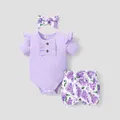 3pcs Baby Girl 95% Cotton Purple Ruffled Short-sleeve Rib-knit Romper & Floral Print Shorts & Headband Set  image 1