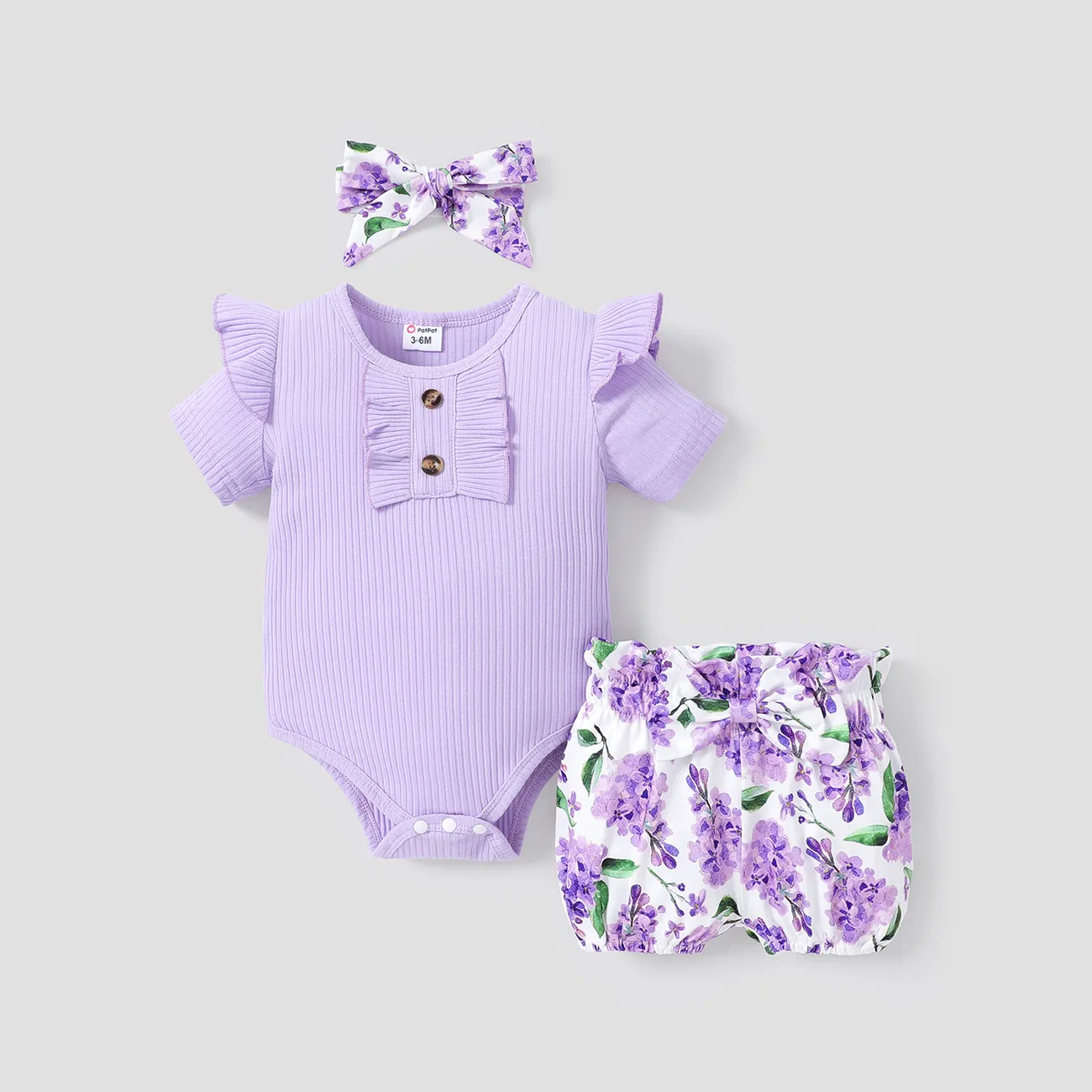 3pcs Baby Girl 95% Cotton Purple Ruffled Short-sleeve Rib-knit Romper & Floral Print Shorts & Headband Set  big image 1