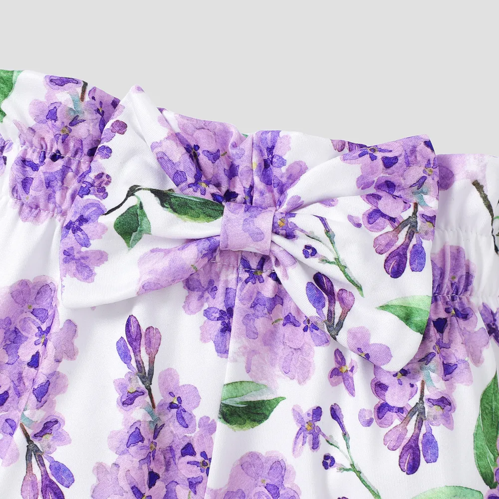 3pcs Baby Girl 95% Cotton Purple Ruffled Short-sleeve Rib-knit Romper & Floral Print Shorts & Headband Set  big image 5
