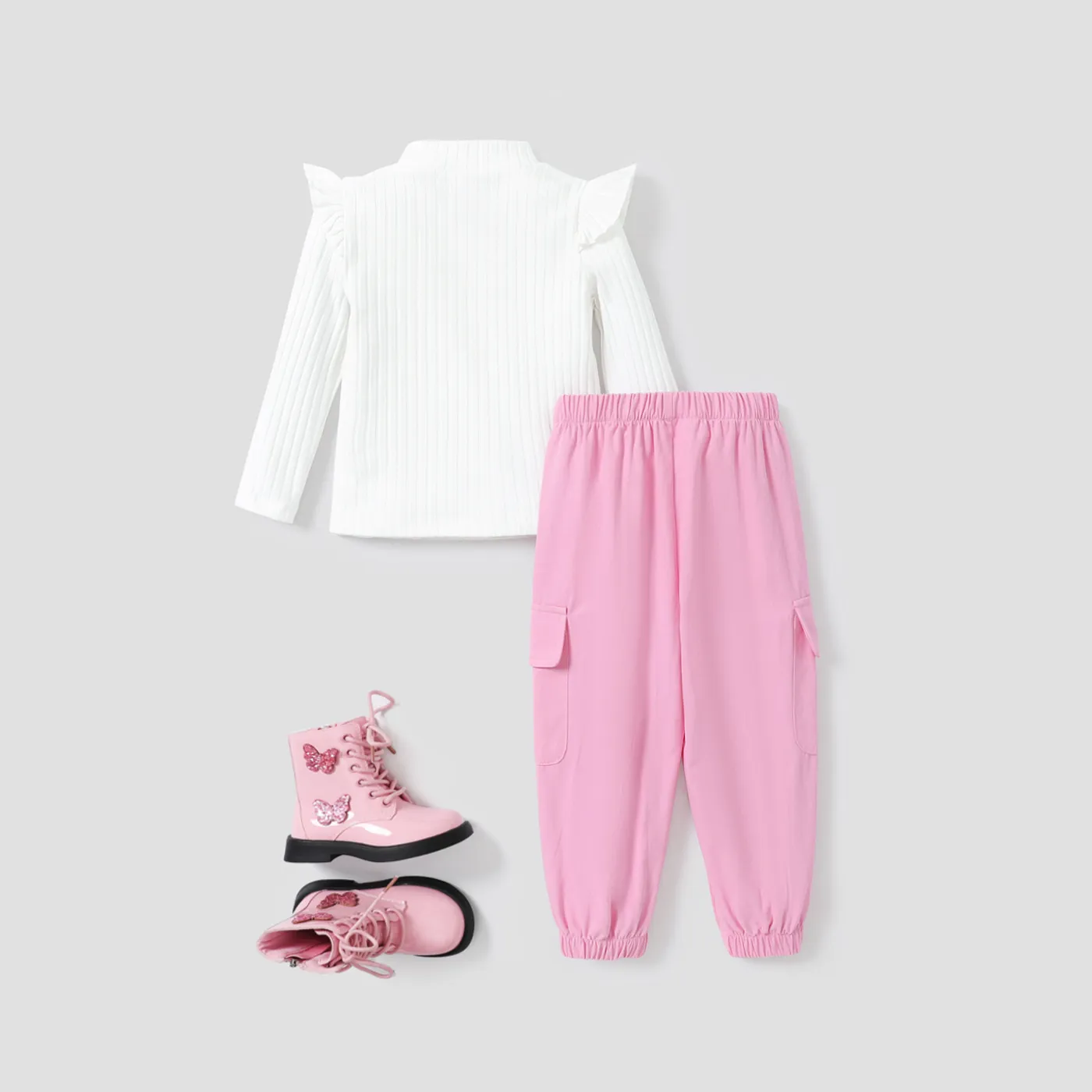 2pcs Toddler Girl Solid Color T shirt and Patch Pocket pants Sets   image 2