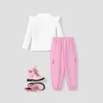 2pcs Toddler Girl Solid Color T shirt and Patch Pocket pants Sets   image 2