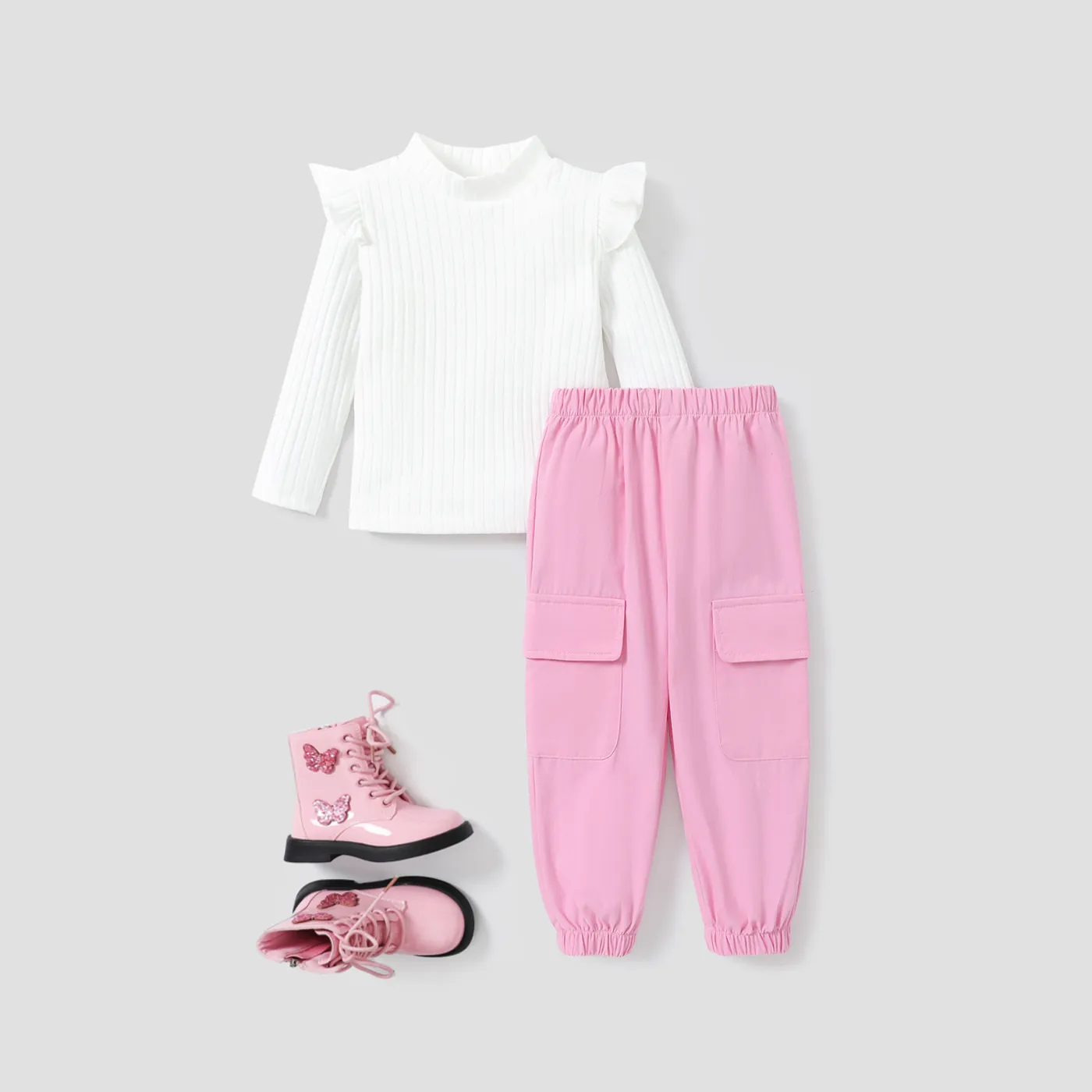 2pcs Toddler Girl Solid Color T shirt and Patch Pocket pants Sets   big image 1