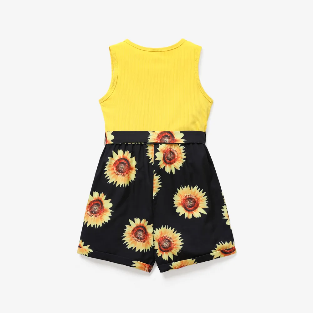 2 pièces enfant fille ffloral imprimé bouton d'épissure côtelé conception sans manches barboteuses ceinturées big image 2